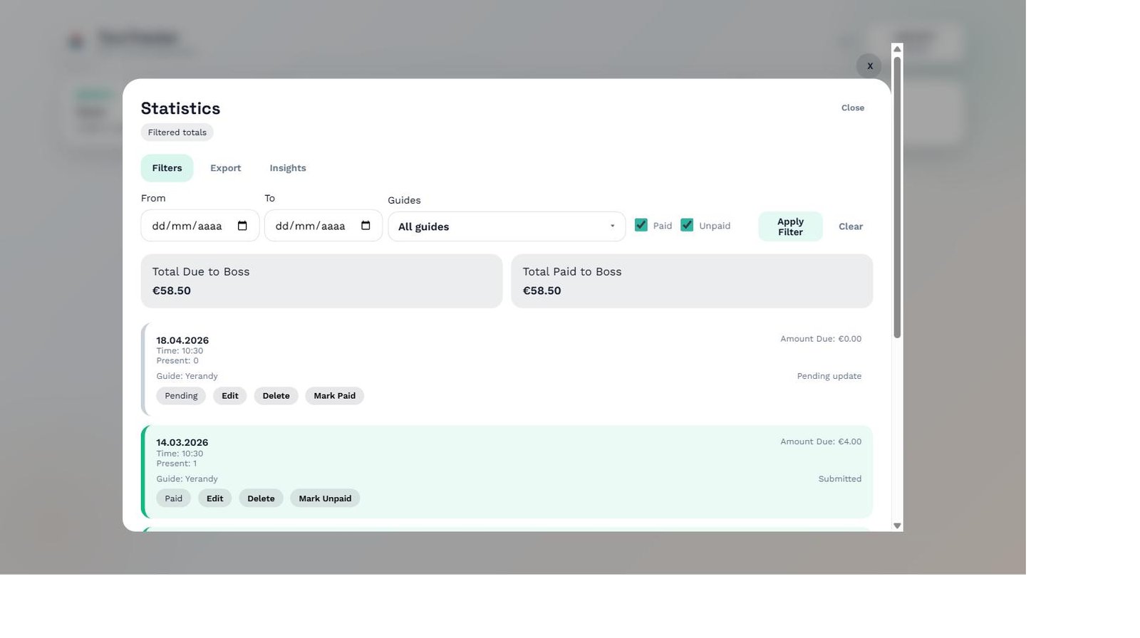Statistics Filters tab showing totals and tour list